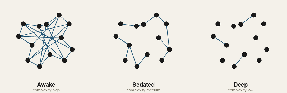 The same network of brain regions shown three times. Awake, the nodes are densely interconnected. Sedated, many links are gone. Deep, the nodes sit as isolated islands with almost no links between them.