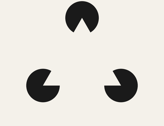 Three black circles, each with a wedge cut out like a mouth, sitting at the corners of a triangle so that a bright triangle appears to float in the middle, brighter than the page, with crisp edges that are not actually drawn.